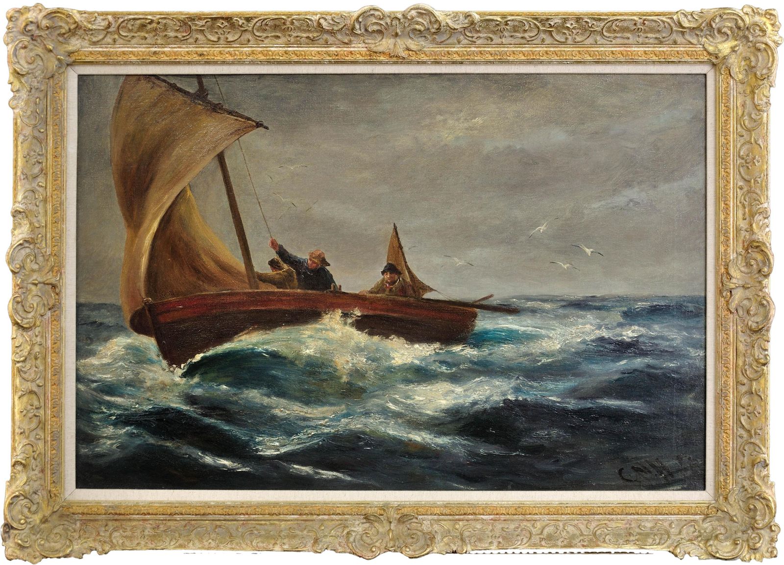 Charles Napier Hemy 1841 To 1917. English. Making The Run For Home, Cornwall Coast. 1915. Framed Cornish Fishing Oil Painting.