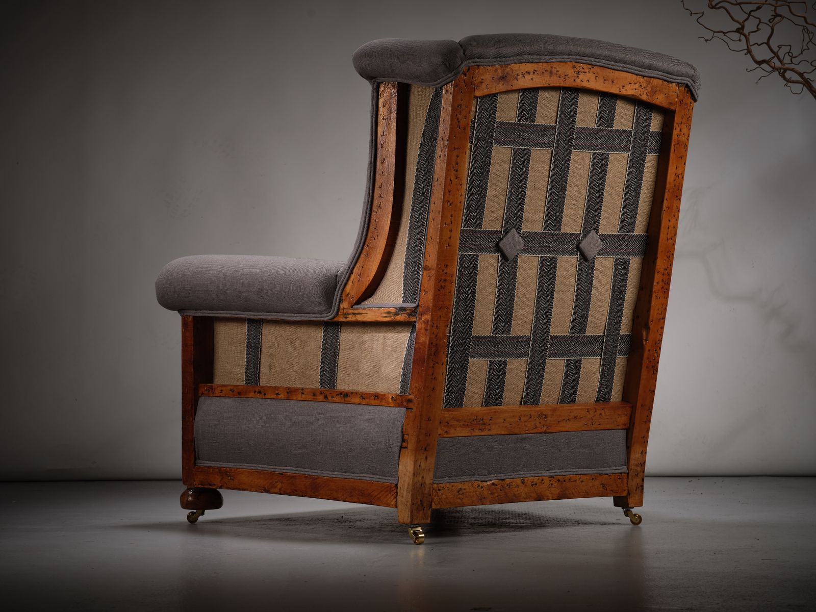 Quirky Deconstructed Oak Victorian Armchair In Grey Linen With Exposed Frame, Circa 1920’s photo for sale