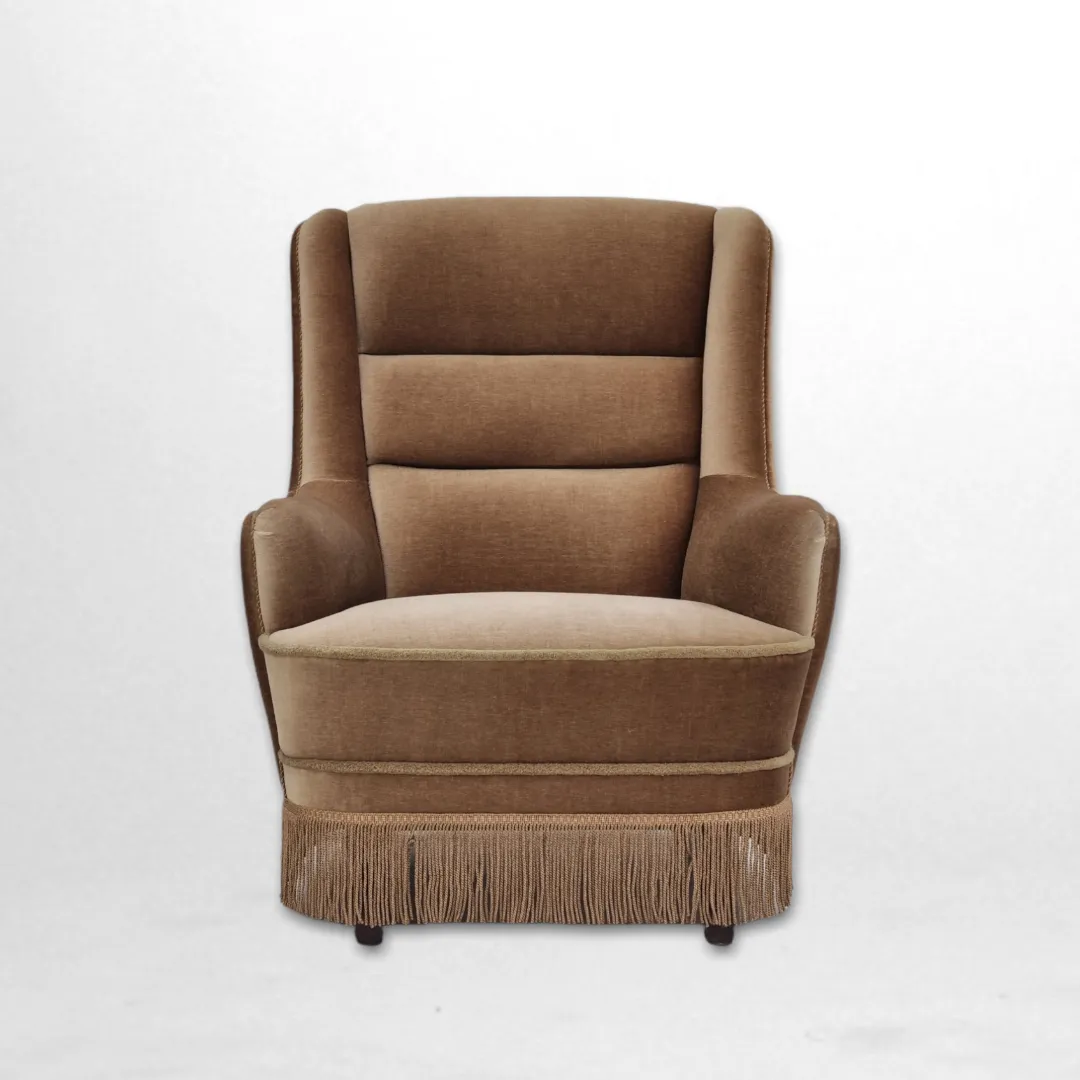 1960s, Danish High Back Armchair, Original Upholstery, Green Velour photo furniture