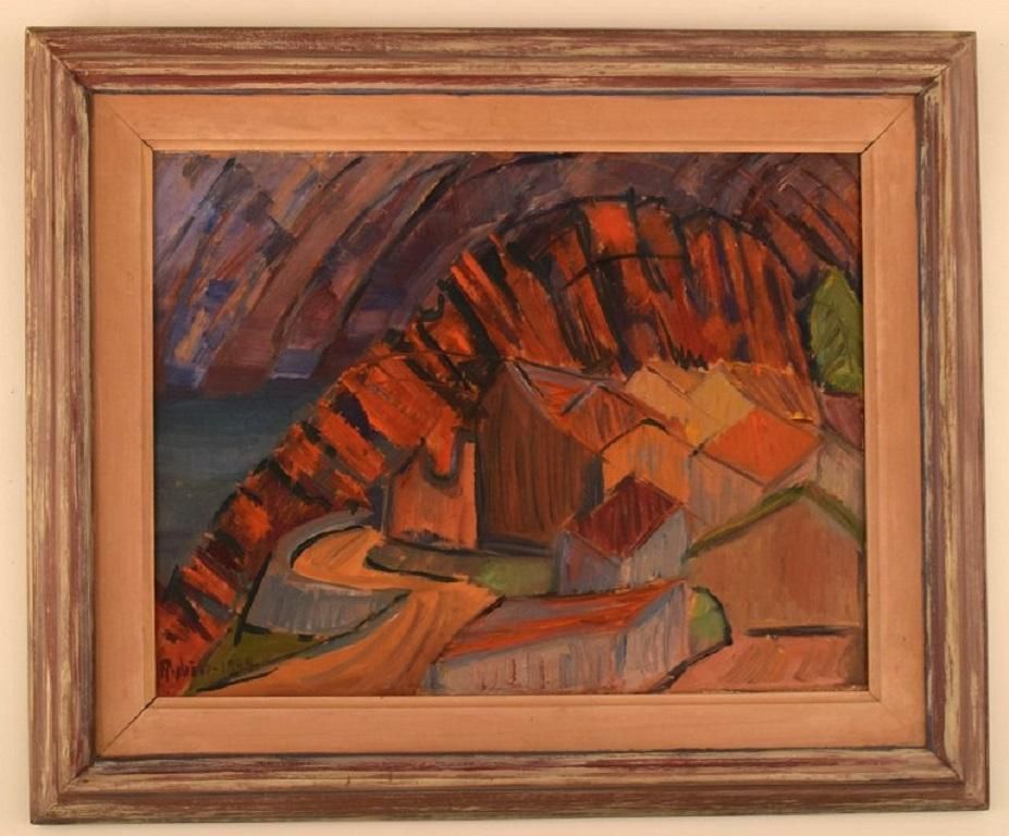 Sven Rybin, Swedish Artist, Oil On Board, Modernist Landscape photo furniture