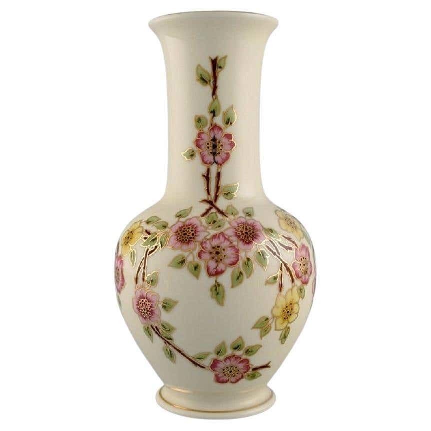 Zsolnay Vase In Cream Coloured Porcelain With Hand Painted Flowers
