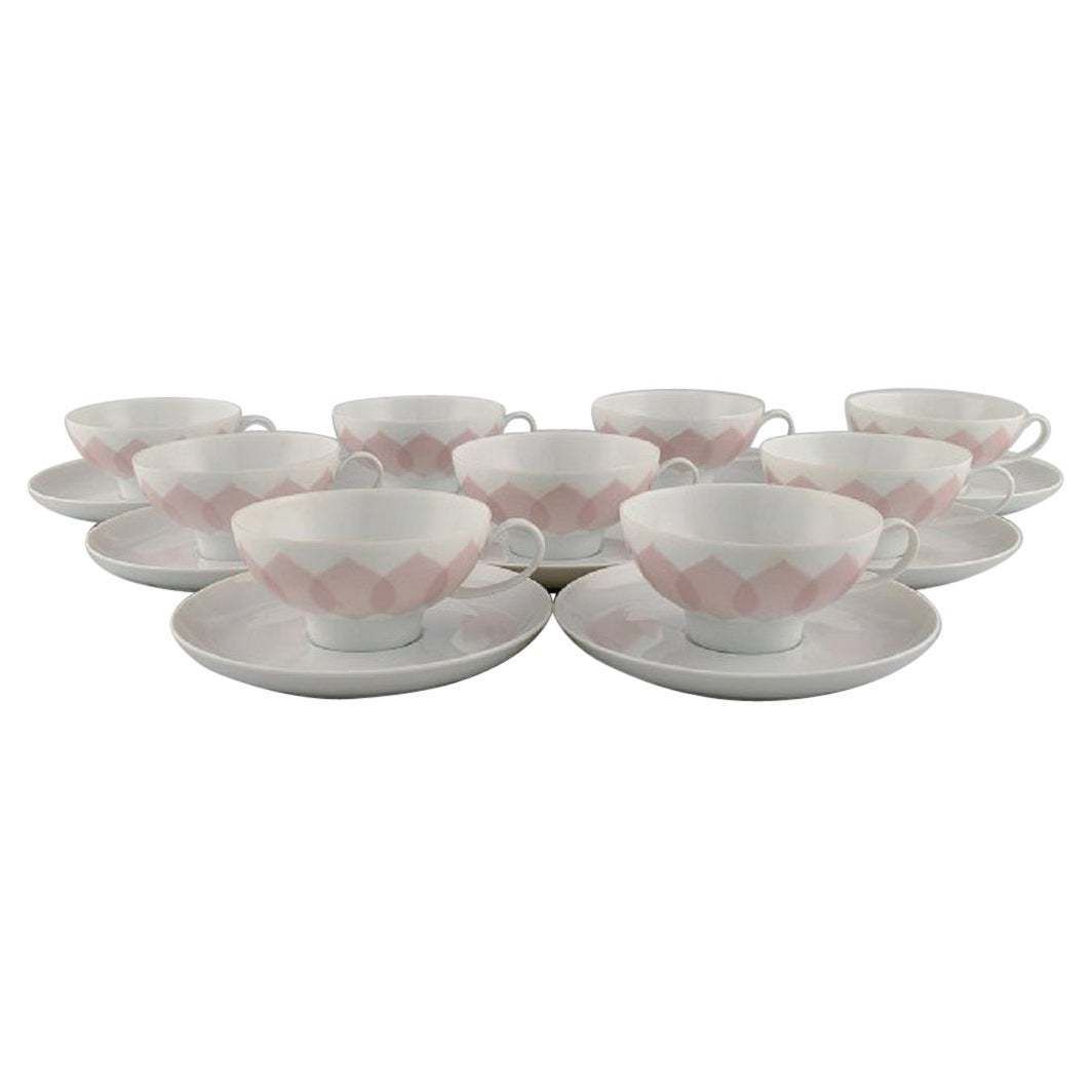 Bjørn Wiinblad For Rosenthal, Lotus Porcelain Service, 9 Teacups With Saucers
