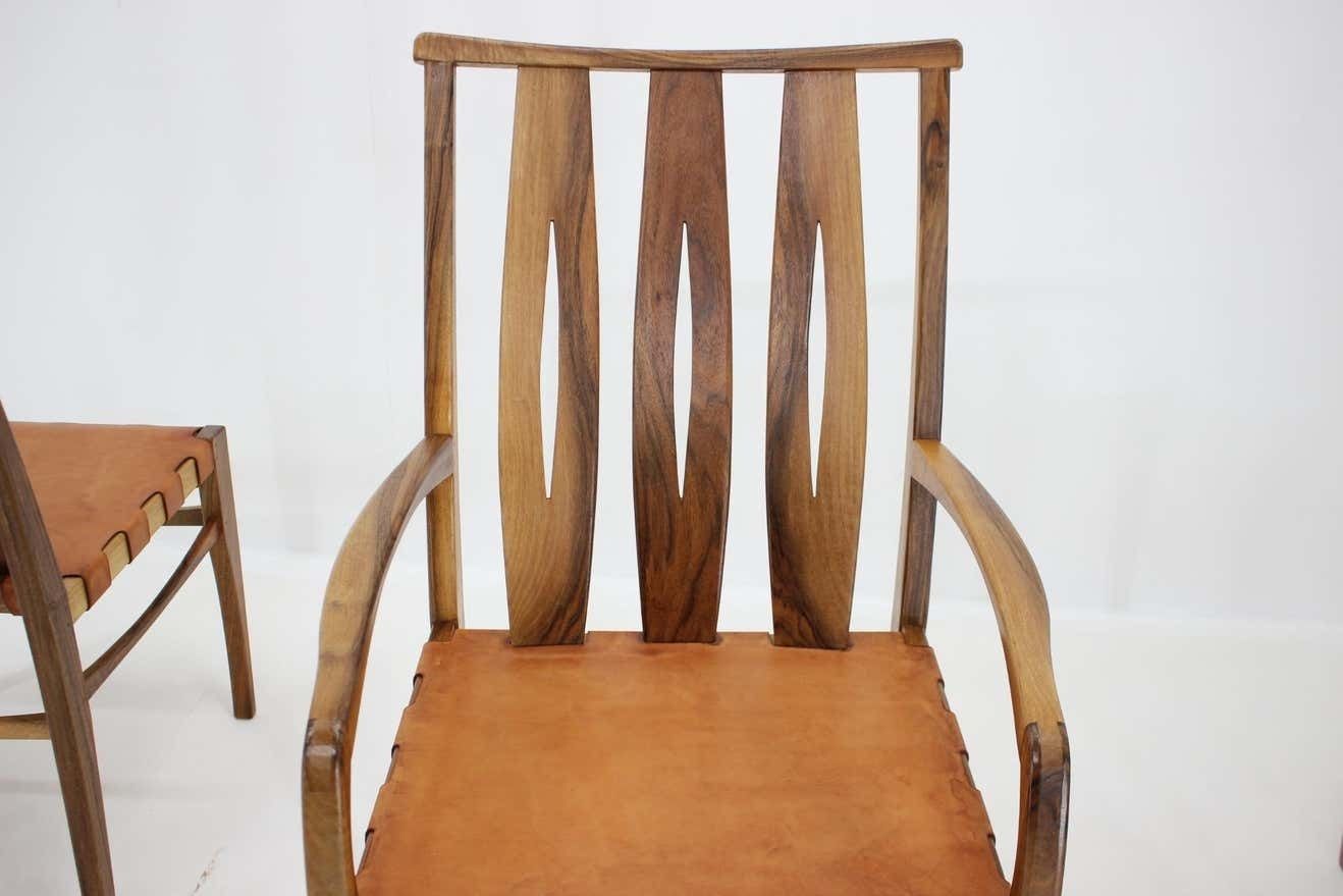 Furniture 2001 One Of A Kind Custom Made Set Of Walnut And Leather Dining Chairs, Set Of 6 photo