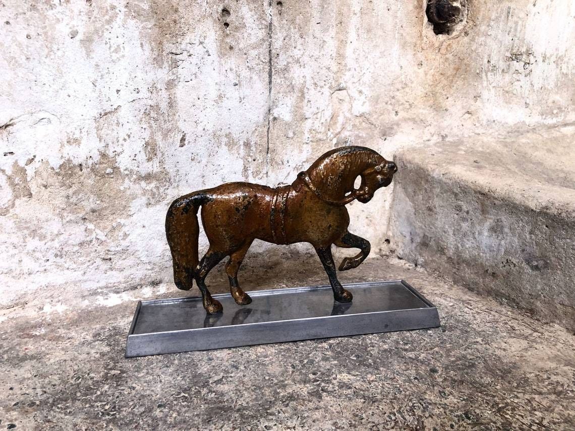 Antique Painted Rustic Metal Horse Statue On Stand photo furniture