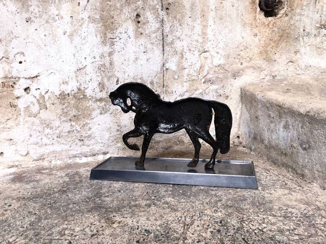Antique Painted Rustic Metal Horse Statue On Stand photo 150.0