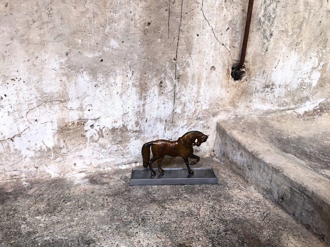 Antique Painted Rustic Metal Horse Statue On Stand photo buy