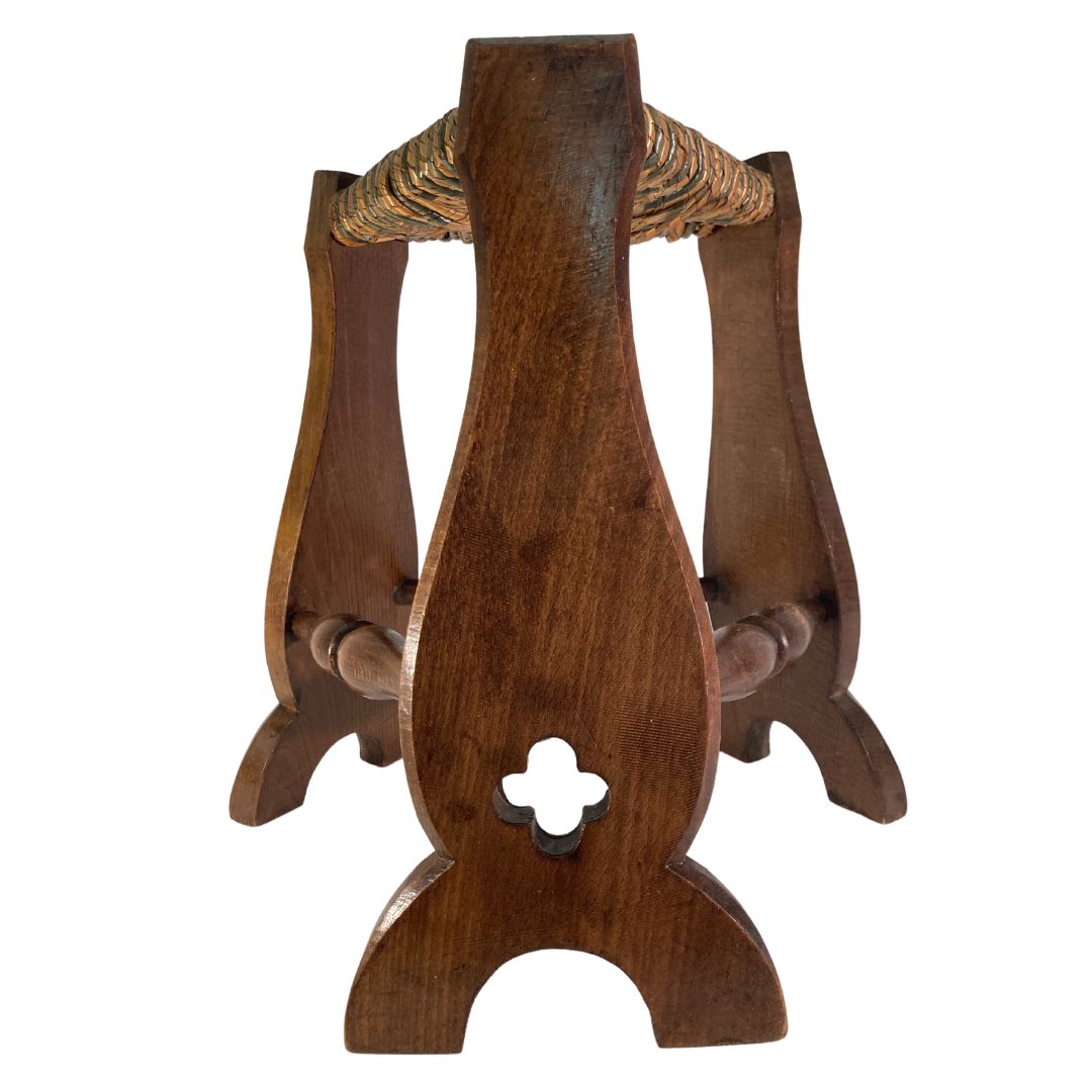 photo furniture Pair Of Brutalist Neo Gothic Rush Oak Tripod Stools, France Ca 1960s