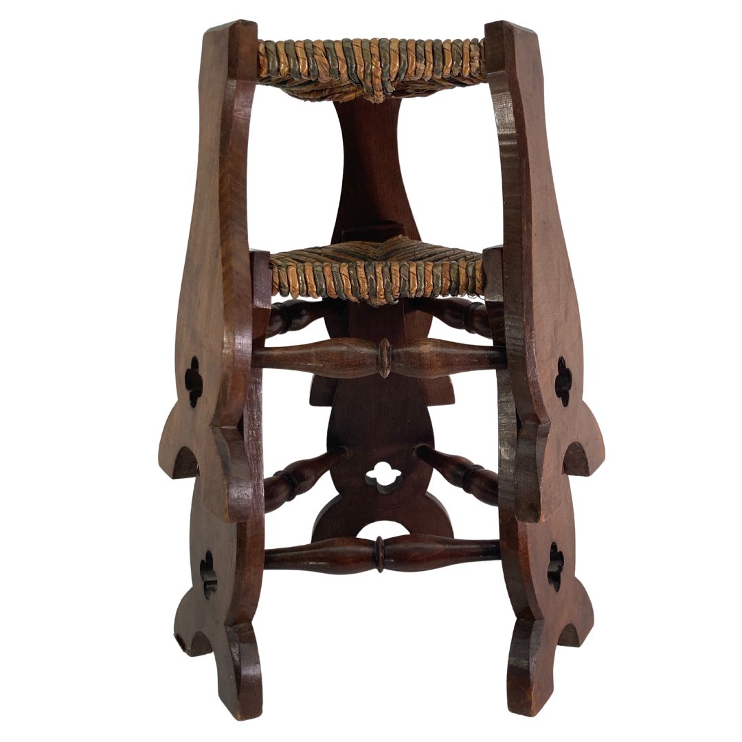 photo buy Pair Of Brutalist Neo Gothic Rush Oak Tripod Stools, France Ca 1960s