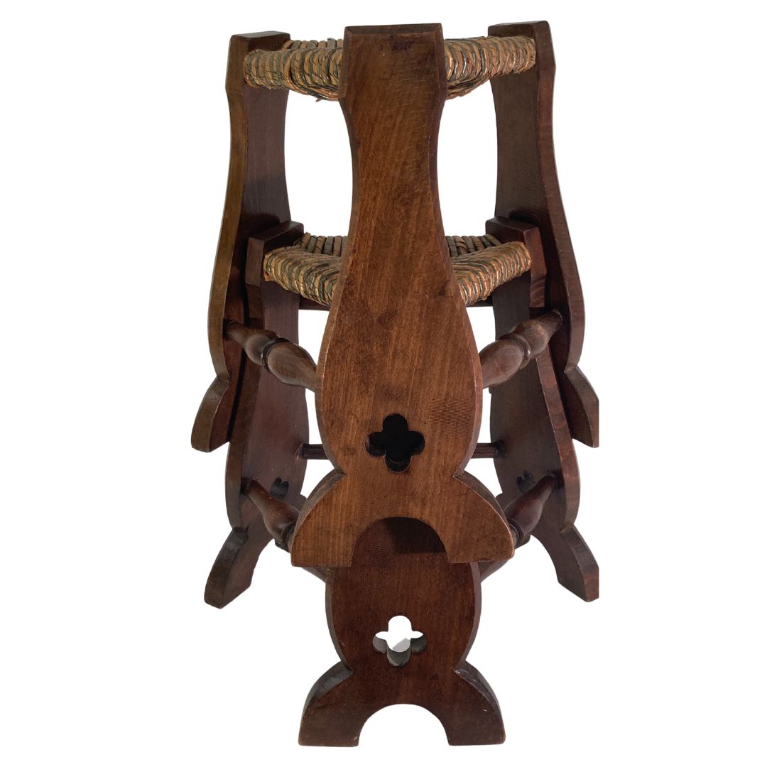 photo vintage Pair Of Brutalist Neo Gothic Rush Oak Tripod Stools, France Ca 1960s