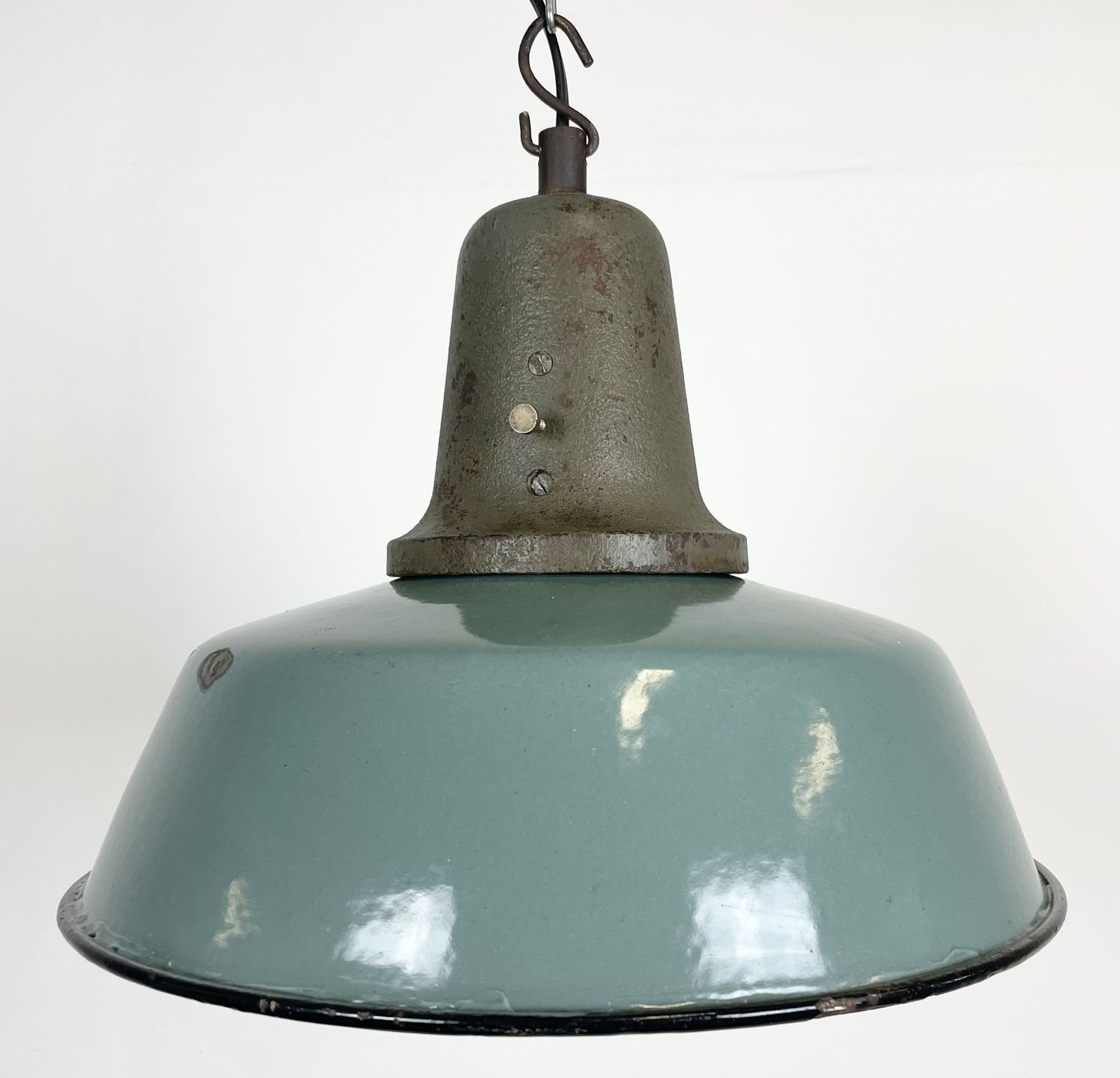 Industrial Petrol Enamel Factory Lamp With Cast Iron Top, 1960s photo furniture