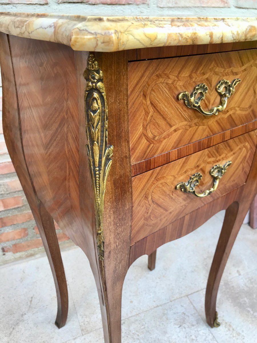 3167.0 Antique Louis XV French Marquetry Marble Top Nightstands, Set Of 2 photo