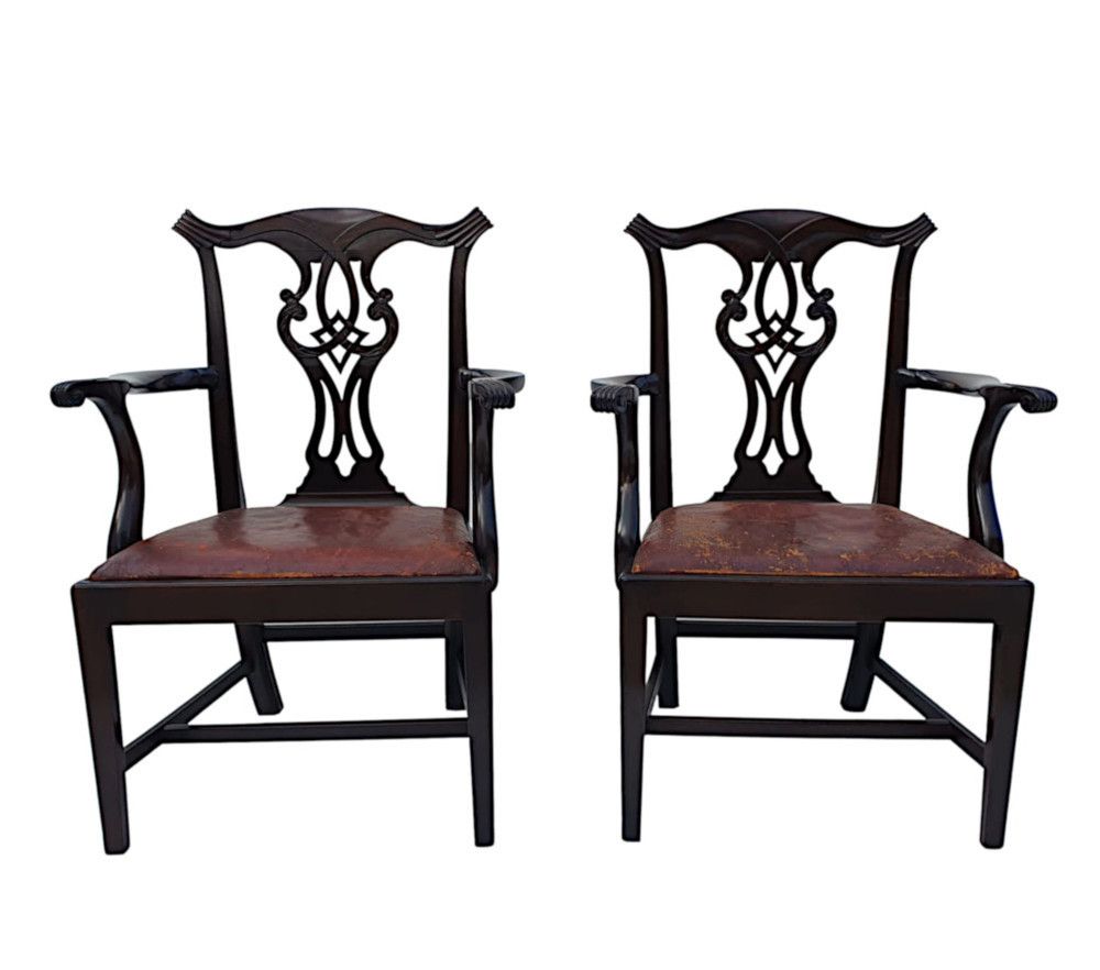 A Stunning Pair Of 19th Century Georgian Design Armchairs After Thomas Chippendale