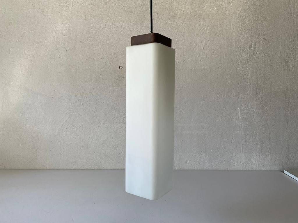 Italian Modern Square Prism Opal Glass And Wood Top Pendant Lamp, 1960s, Italy