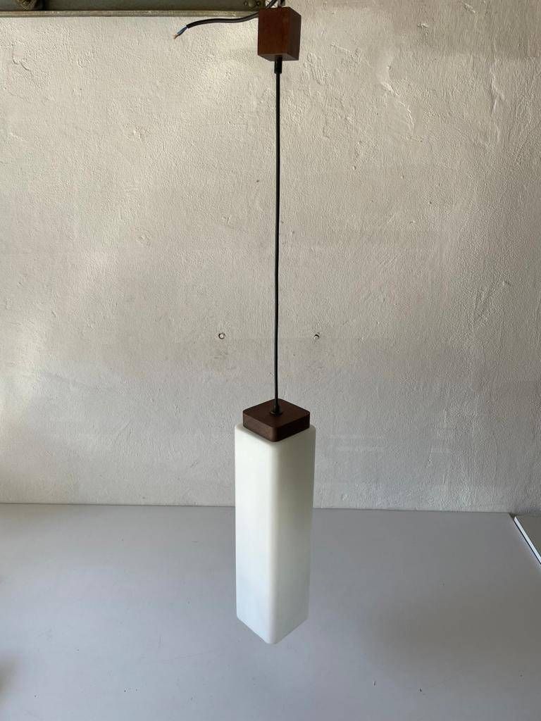 Italian Modern Square Prism Opal Glass And Wood Top Pendant Lamp, 1960s, Italy photo furniture