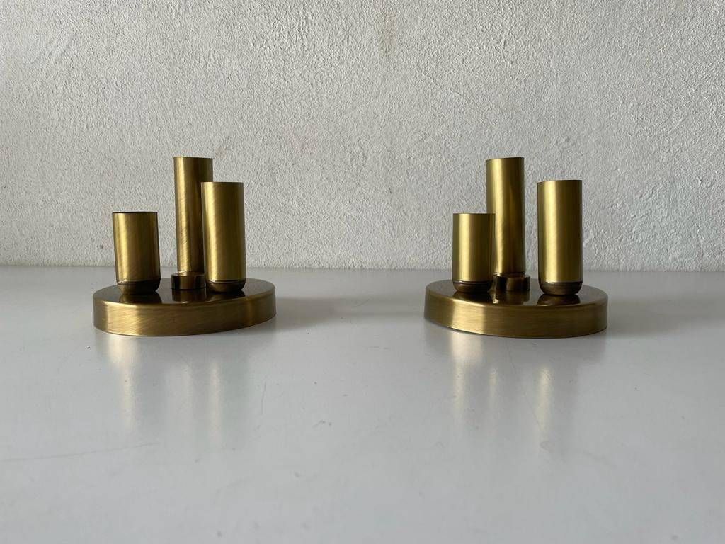 Rare Space Age Antique Gold Metal Triple Tube Mini Pair Of Ceiling Lamps By Tz, 1960s, Germany photo Lighting