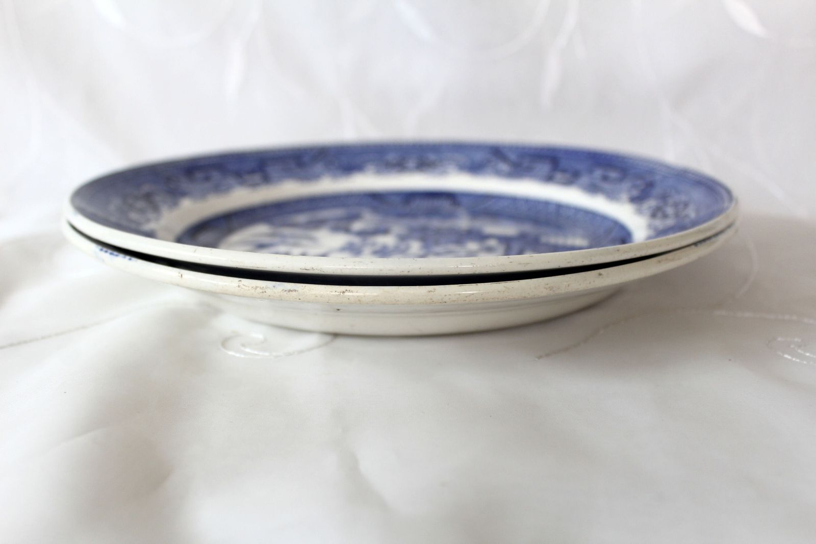 19e Eeuw – Twee Zeldzame Antieke Verzamelborden, Cappellemans Aine Jemappes België, Willow Patroon, Ironstone Keramiek Blauw En Wit photo buy