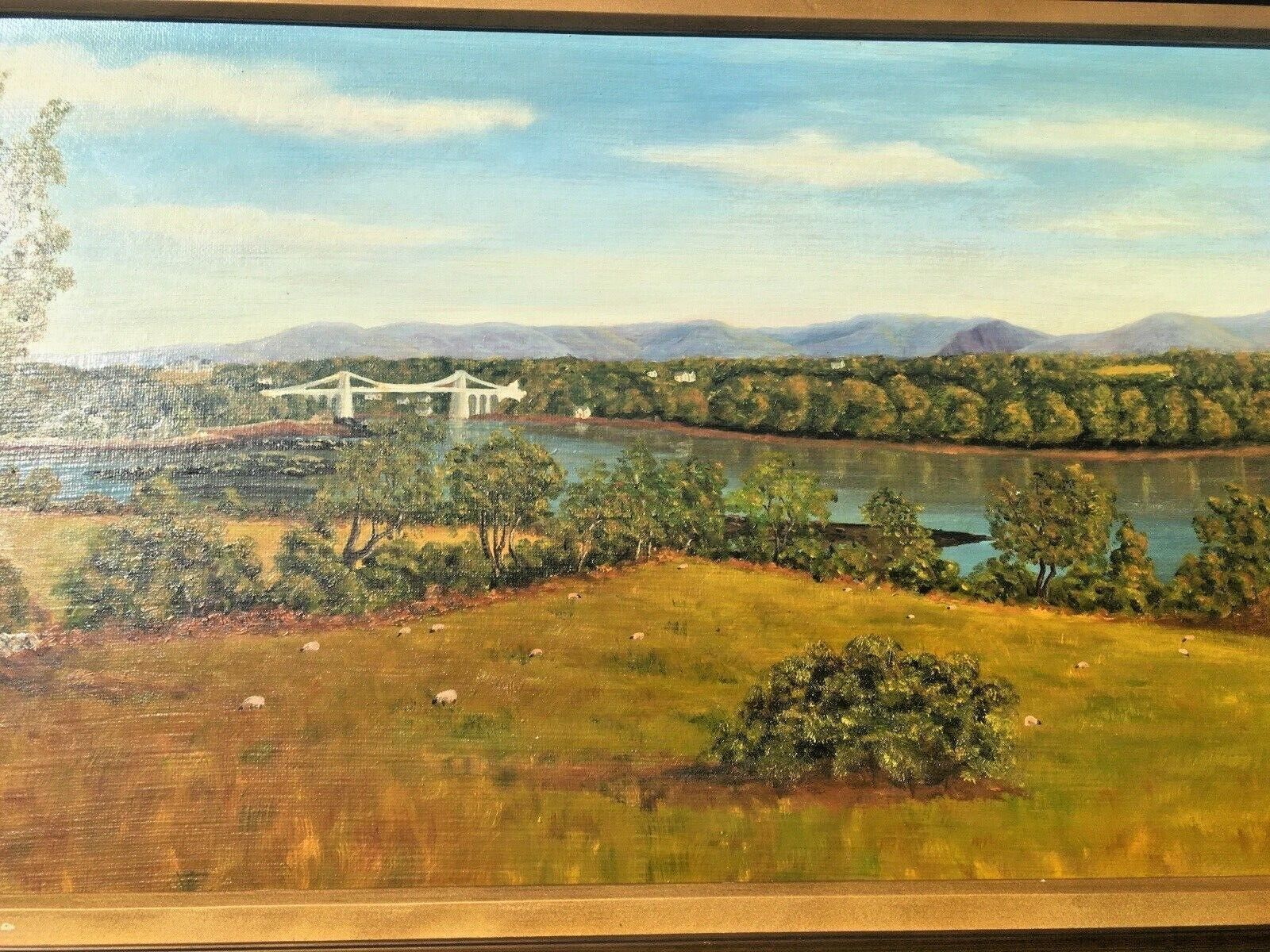 Huge 4ft Original Framed Oil Painting Menai Britannia Bridge Anglesey Snowdonia photo vintage