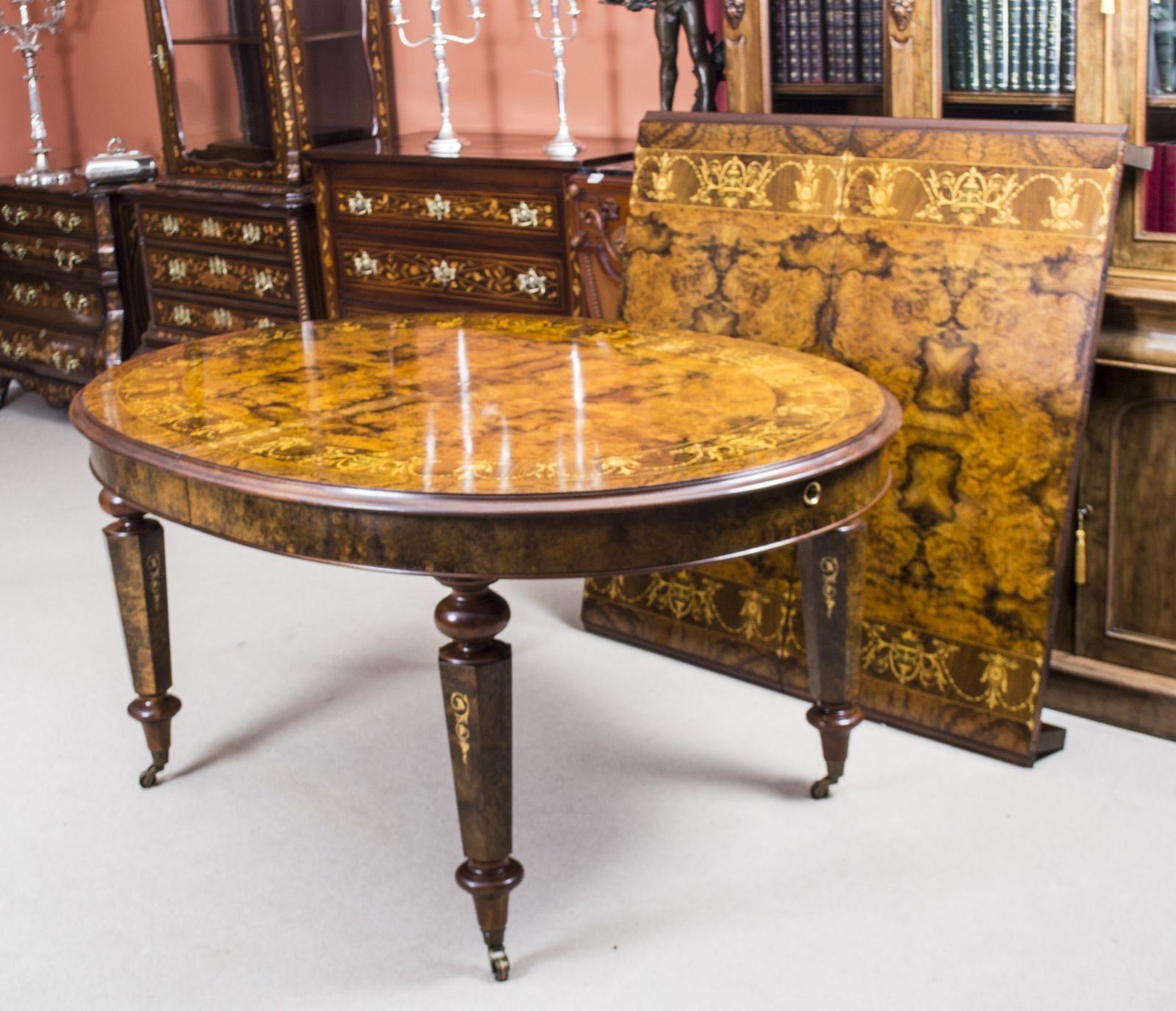 photo vinterior Stunning Burr Walnut Marquetry Dining Table 10 Chairs