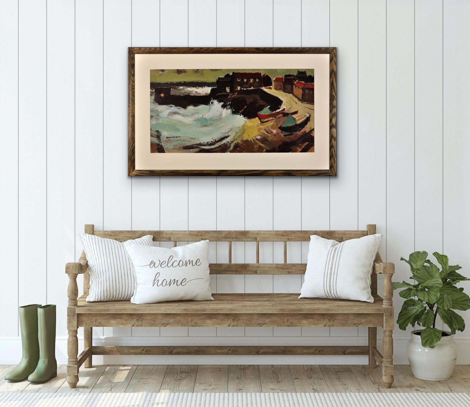 photo for sale Donald Mcintyre 1923 To 2009. English. Stormy Day, Craster, Northumberland. 1970s Framed Coastal Colourist Post Impressionist Oil Painting.