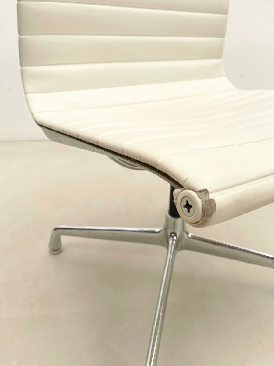 Pair Of White Vegan Leather Desk Chairs By Charles Eames For Herman Miller photo vinterior