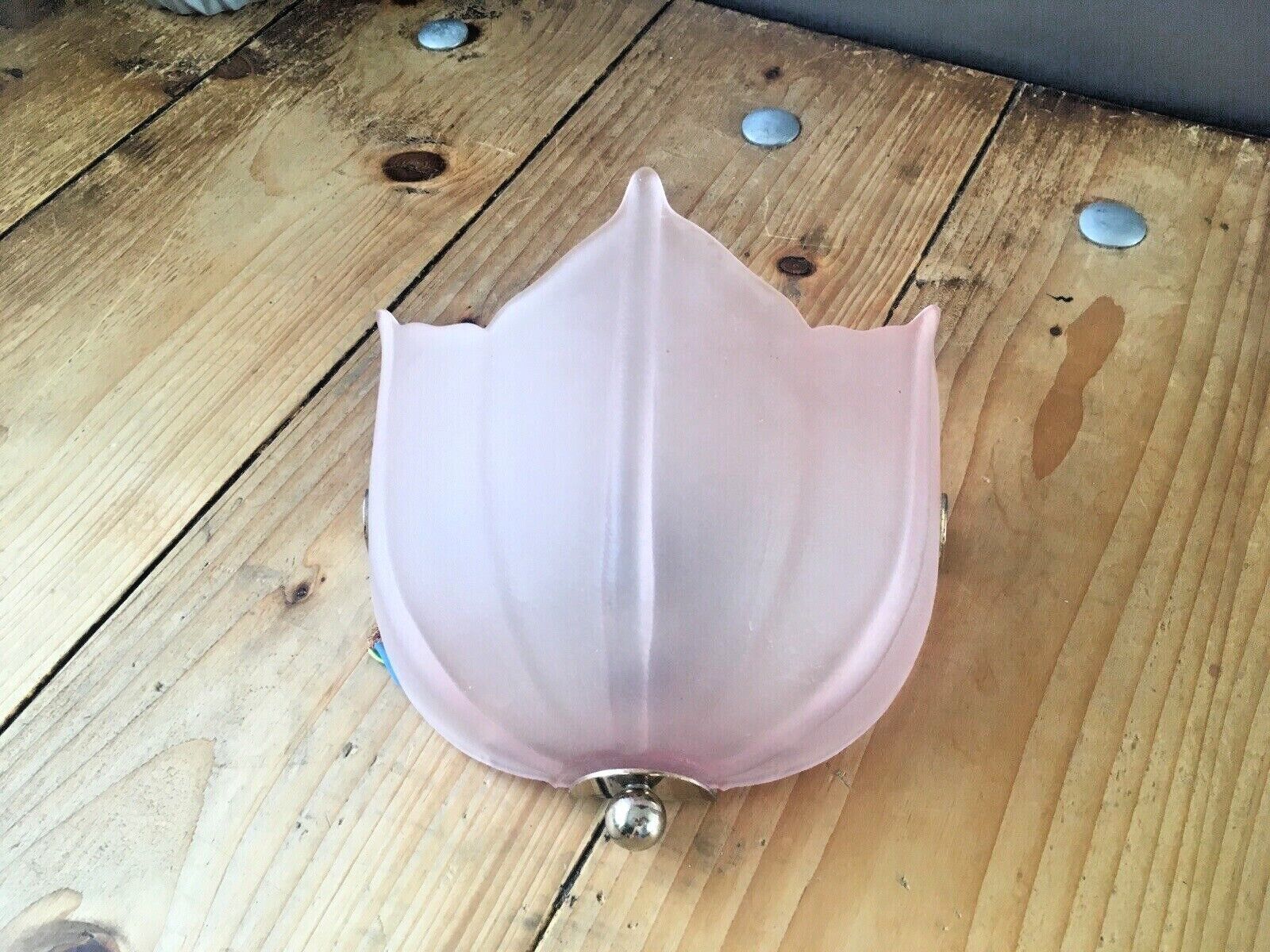 Vintage 1970's Bhs Pink Frosted Lotus Flower Art Deco Style Glass Wall Up Light photo furniture
