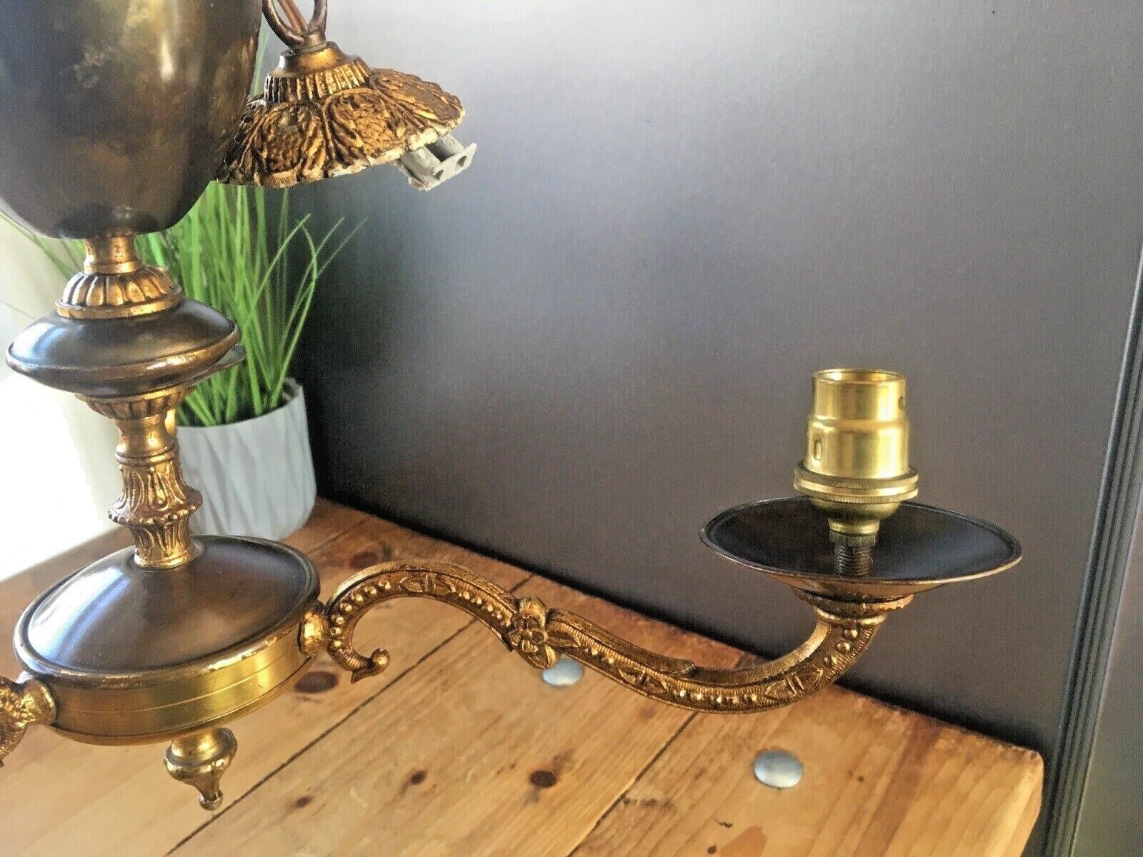 1950's French Regency Gilt Metal Toleware 3 Arm Chandelier Sconce Ceiling Light photo vintage