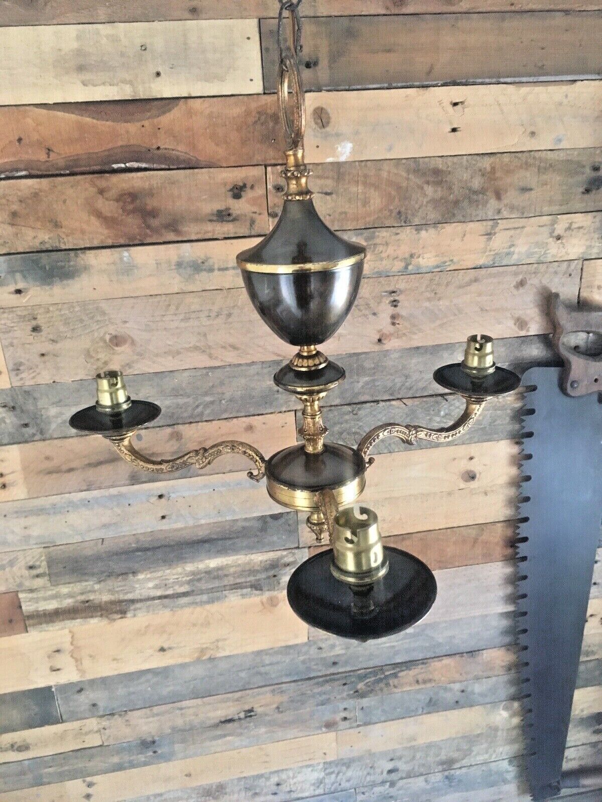 Lighting 1950's French Regency Gilt Metal Toleware 3 Arm Chandelier Sconce Ceiling Light photo