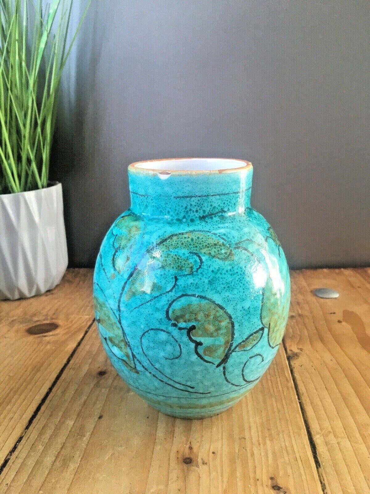 Mid Century 50's Italian Pottery Turquoise Leaf Vase Retro Fratelli Fanciullacci photo for sale