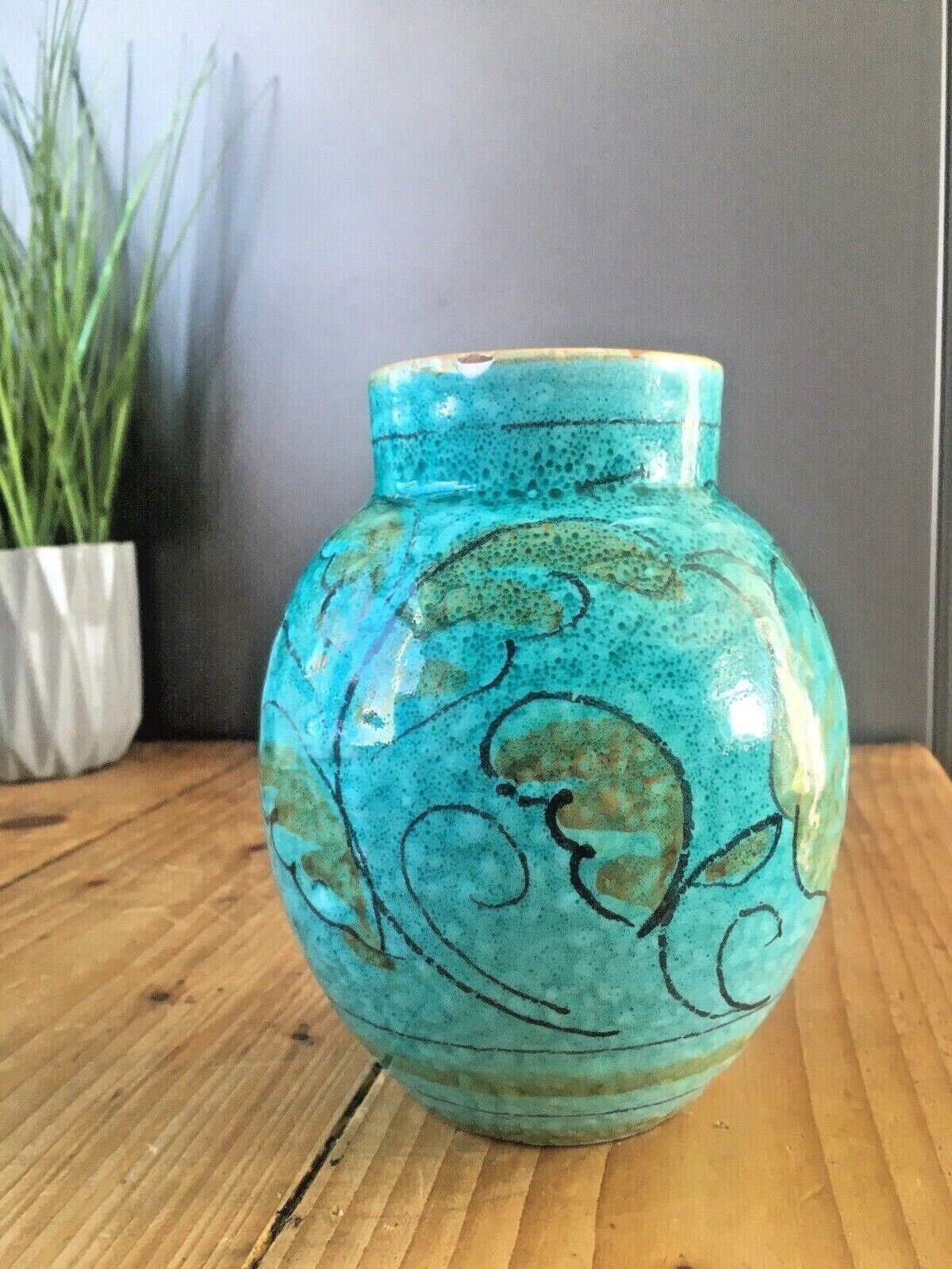 photo for sale Mid Century 50's Italian Pottery Turquoise Leaf Vase Retro Fratelli Fanciullacci