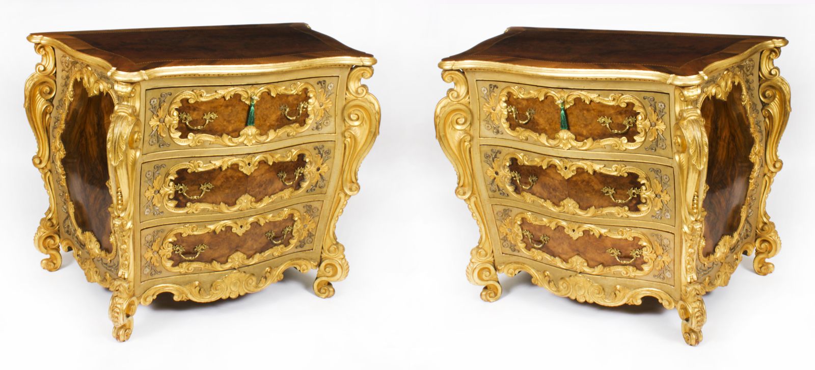 Antique Pair Venetian Walnut And Giltwood Commodes 19th C