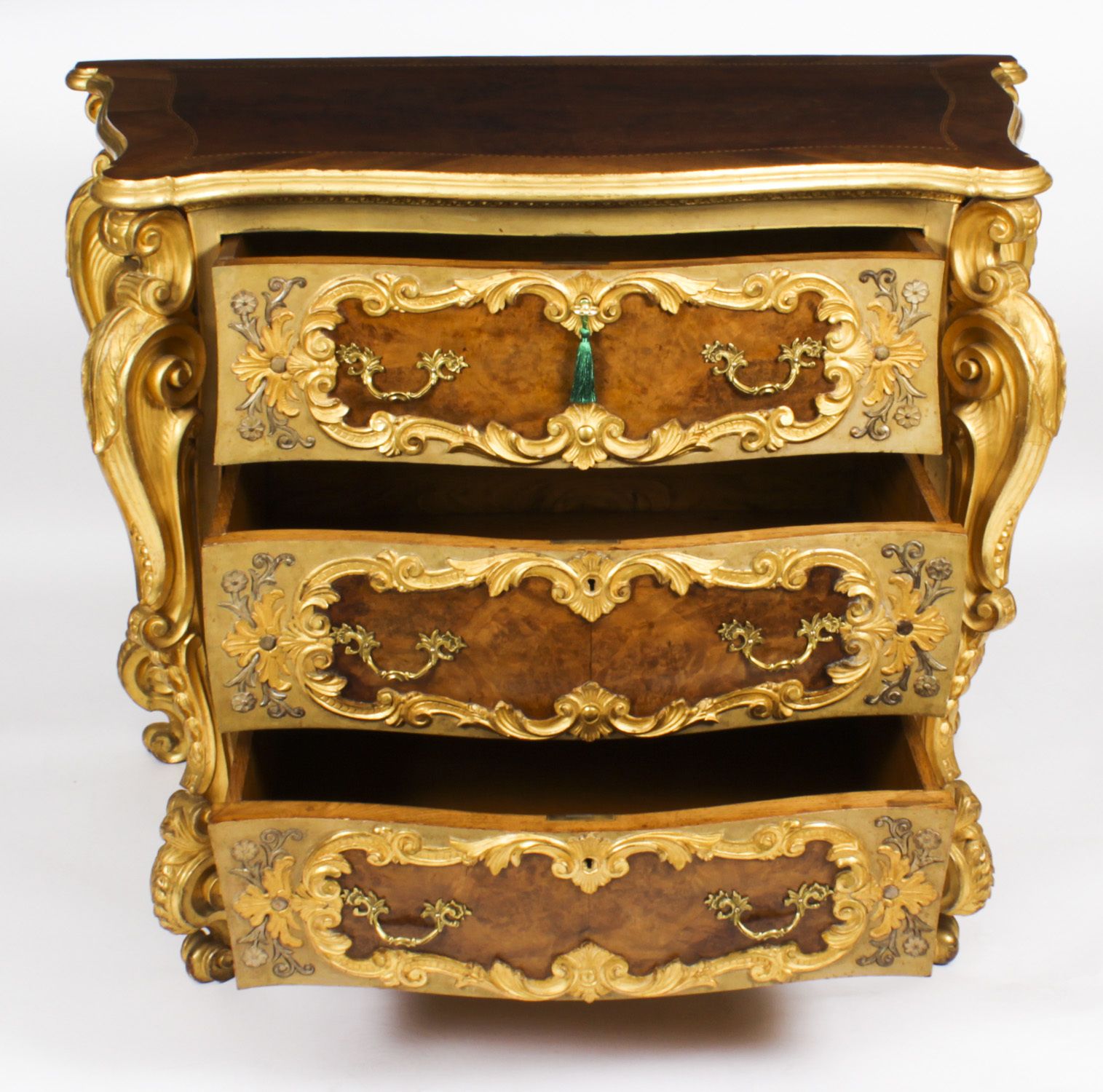 Furniture Antique Pair Venetian Walnut And Giltwood Commodes 19th C photo