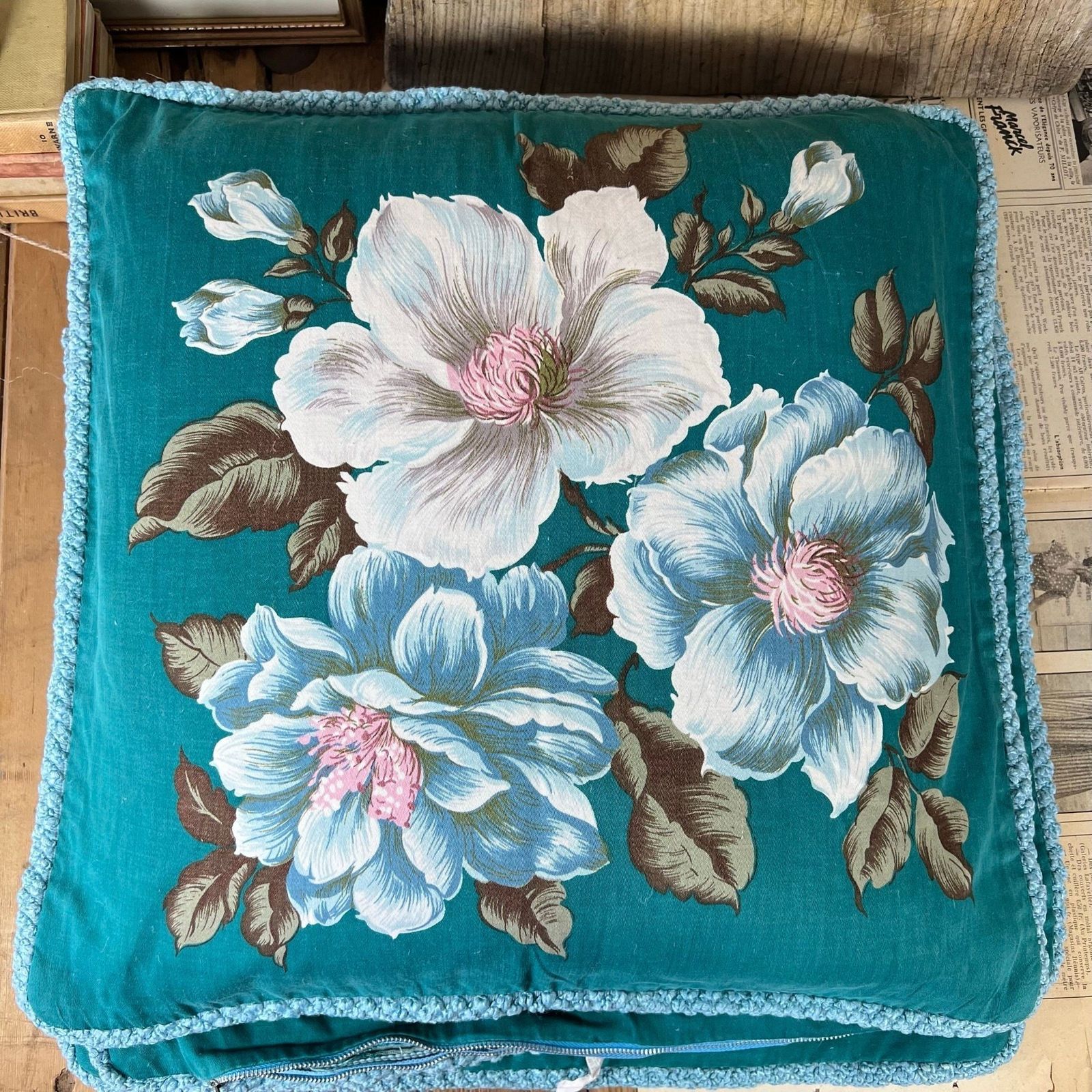 photo furniture Set Of Four Stunning Mid Century Floral Scatter Cushions  Electric Blue Teal