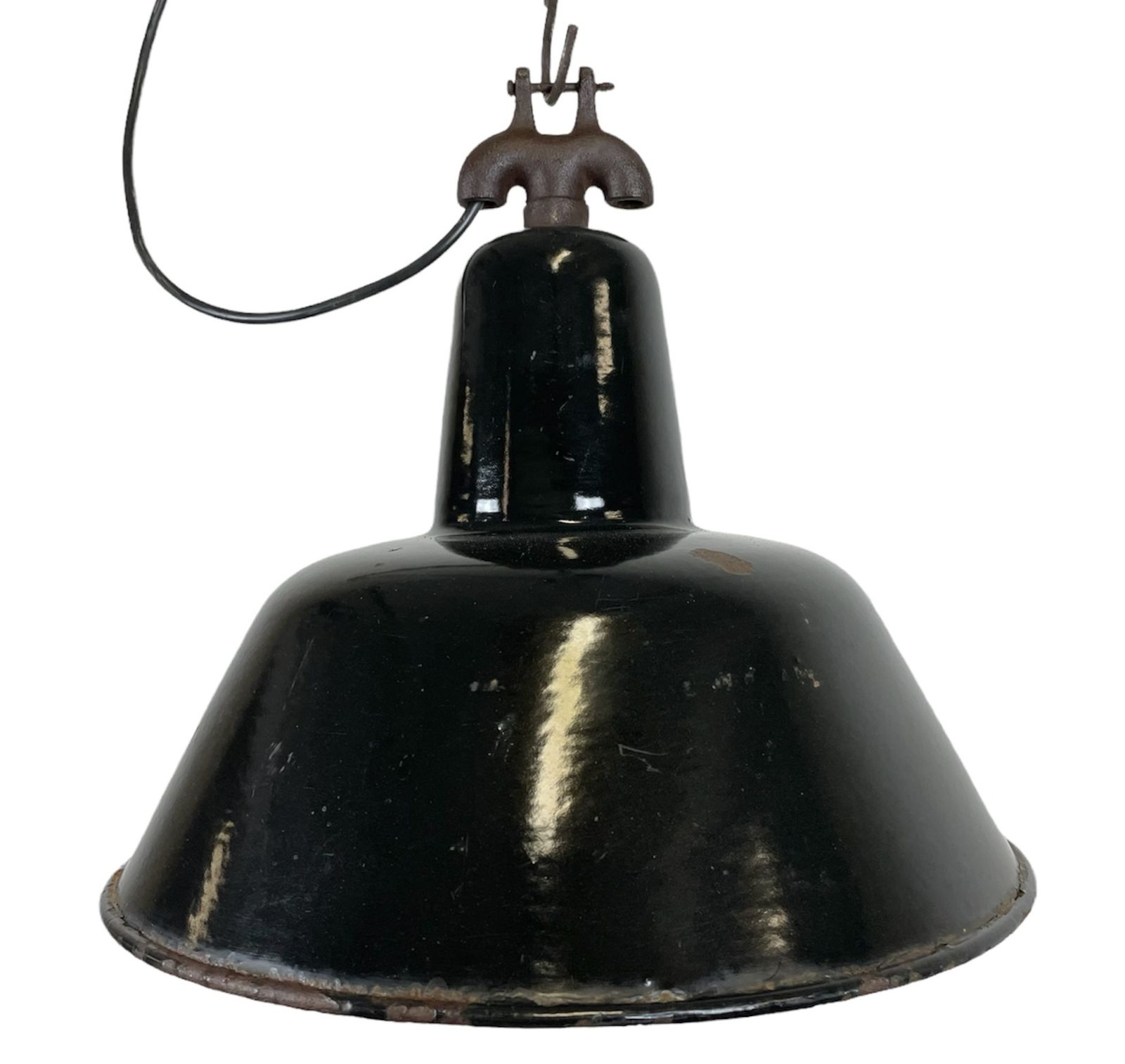 Industrial Black Enamel Factory Lamp With Cast Iron Top, 1950s