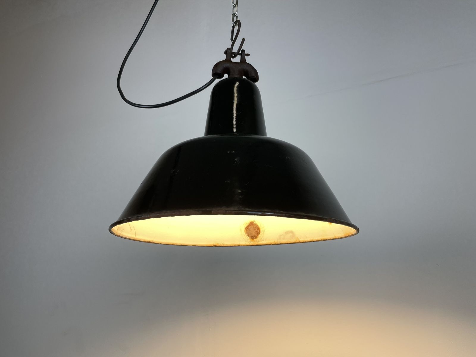 photo for sale Industrial Black Enamel Factory Lamp With Cast Iron Top, 1950s