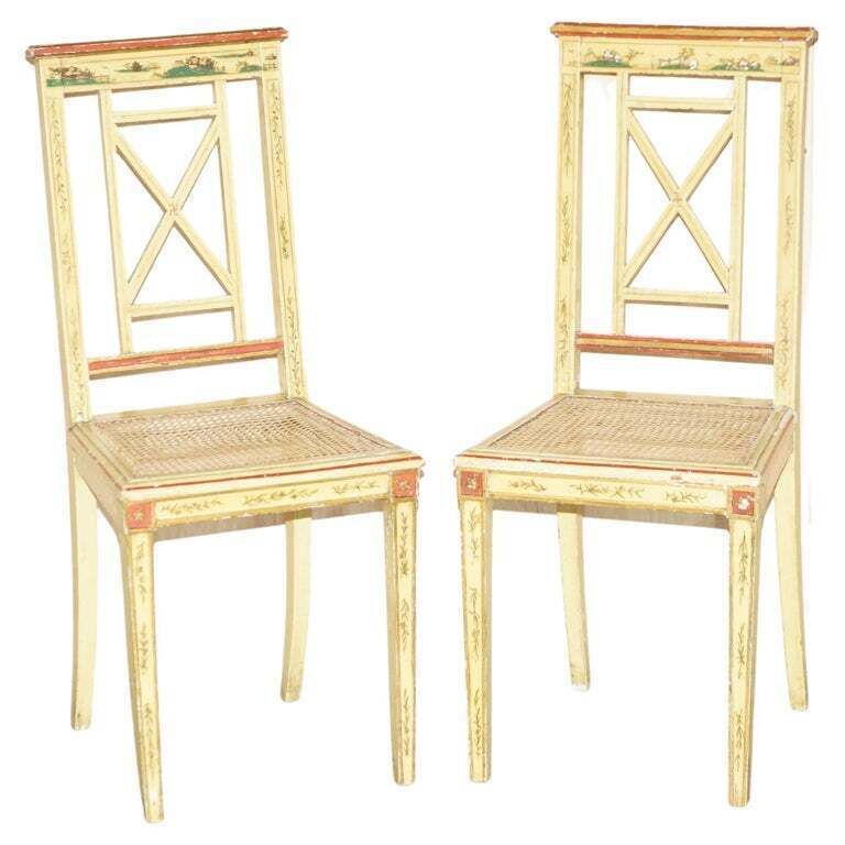 Pair Of Chinese Chinoiserie Bergère Side Chairs Hand Painted & Lacquered Finish