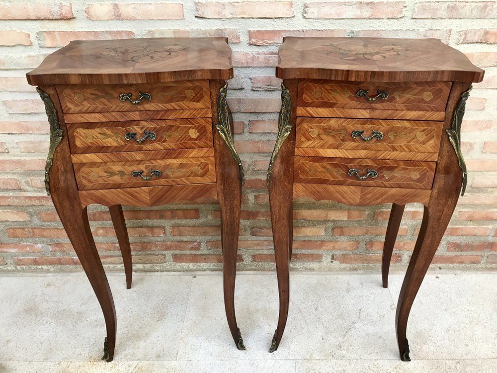 French Classic Louis Vx Style Marquetry Nightstands With Three Drawers, 1920s, Set Of 2 photo for sale