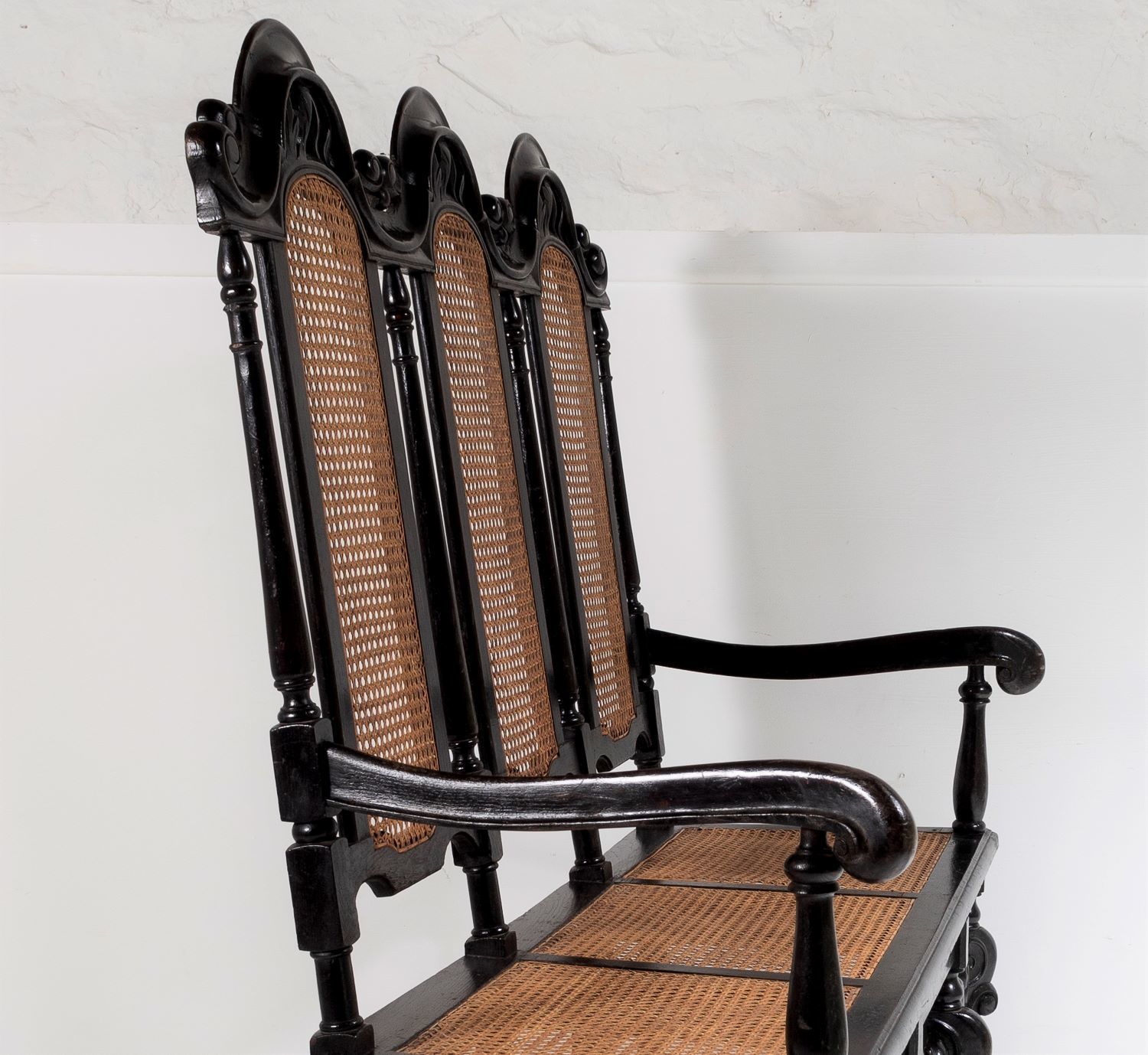 19thc Jacobean Renaissance Carved Oak High Back Cane 3 Seater Hall Bench Settee photo for sale