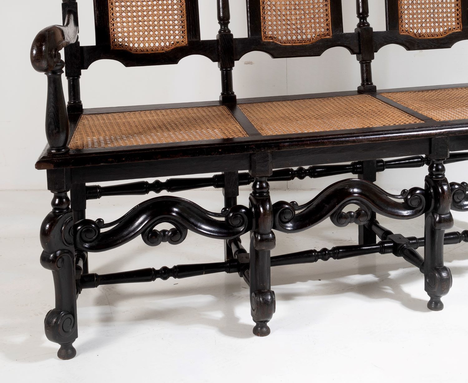 19thc Jacobean Renaissance Carved Oak High Back Cane 3 Seater Hall Bench Settee photo vinterior