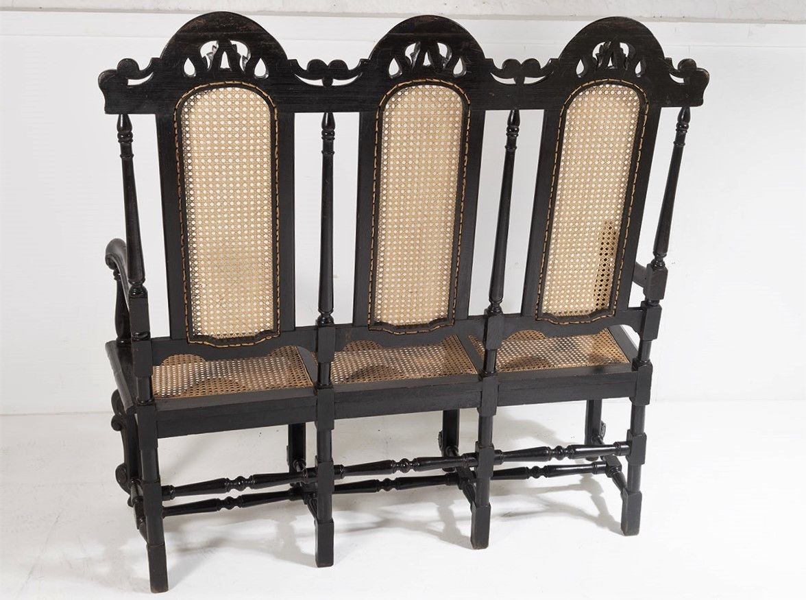 19thc Jacobean Renaissance Carved Oak High Back Cane 3 Seater Hall Bench Settee photo buy