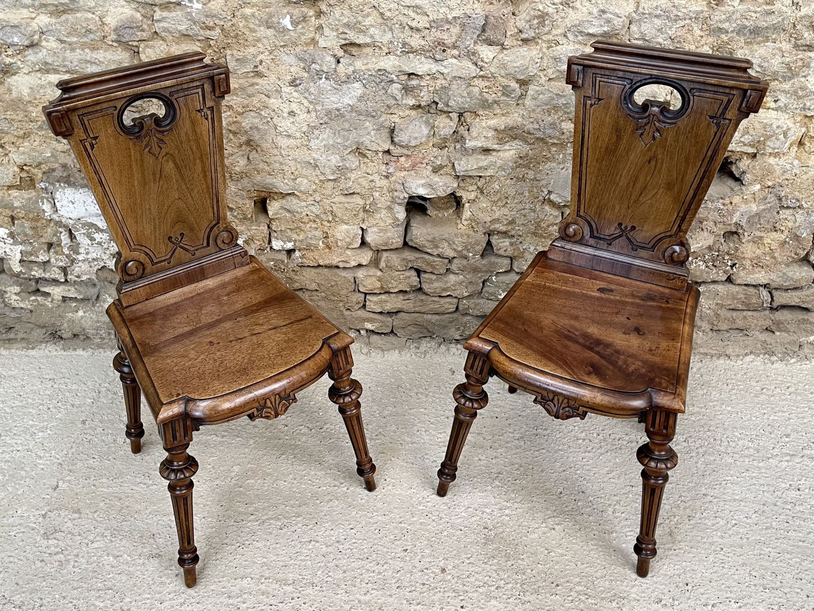 photo furniture Pair Of Parisian Walnut Hall Chairs.  Maison Guéret Of Paris,