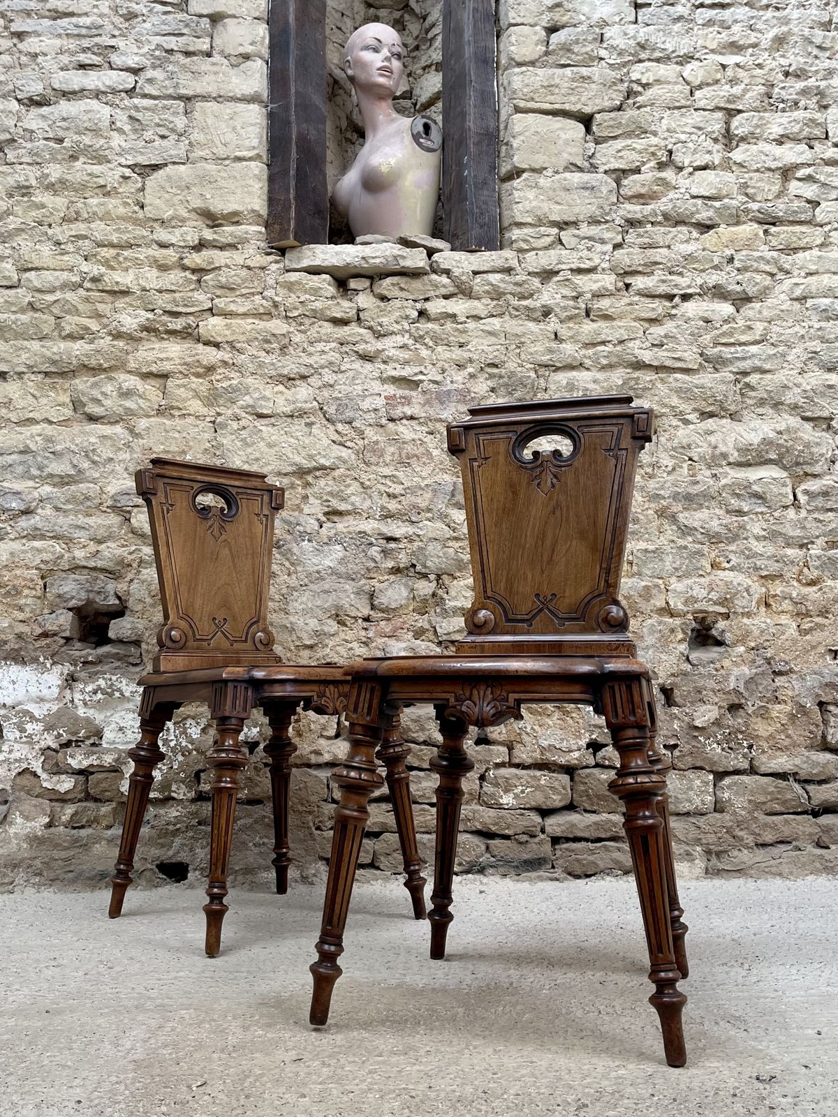 photo buy Pair Of Parisian Walnut Hall Chairs.  Maison Guéret Of Paris,