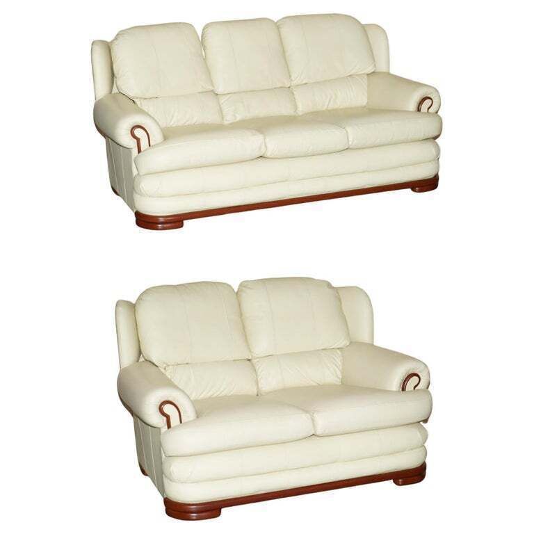 Comfortable Pair Of English Two & Three Seater Thomas Lloyd Cream Leather Sofas