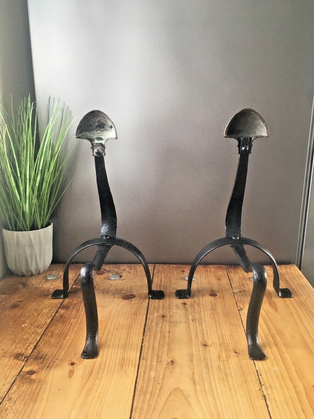Pair Of Antique Art Nouveau Iron Brass Fireside Fire Dogs Andirons Arts & Crafts photo Home Fixtures
