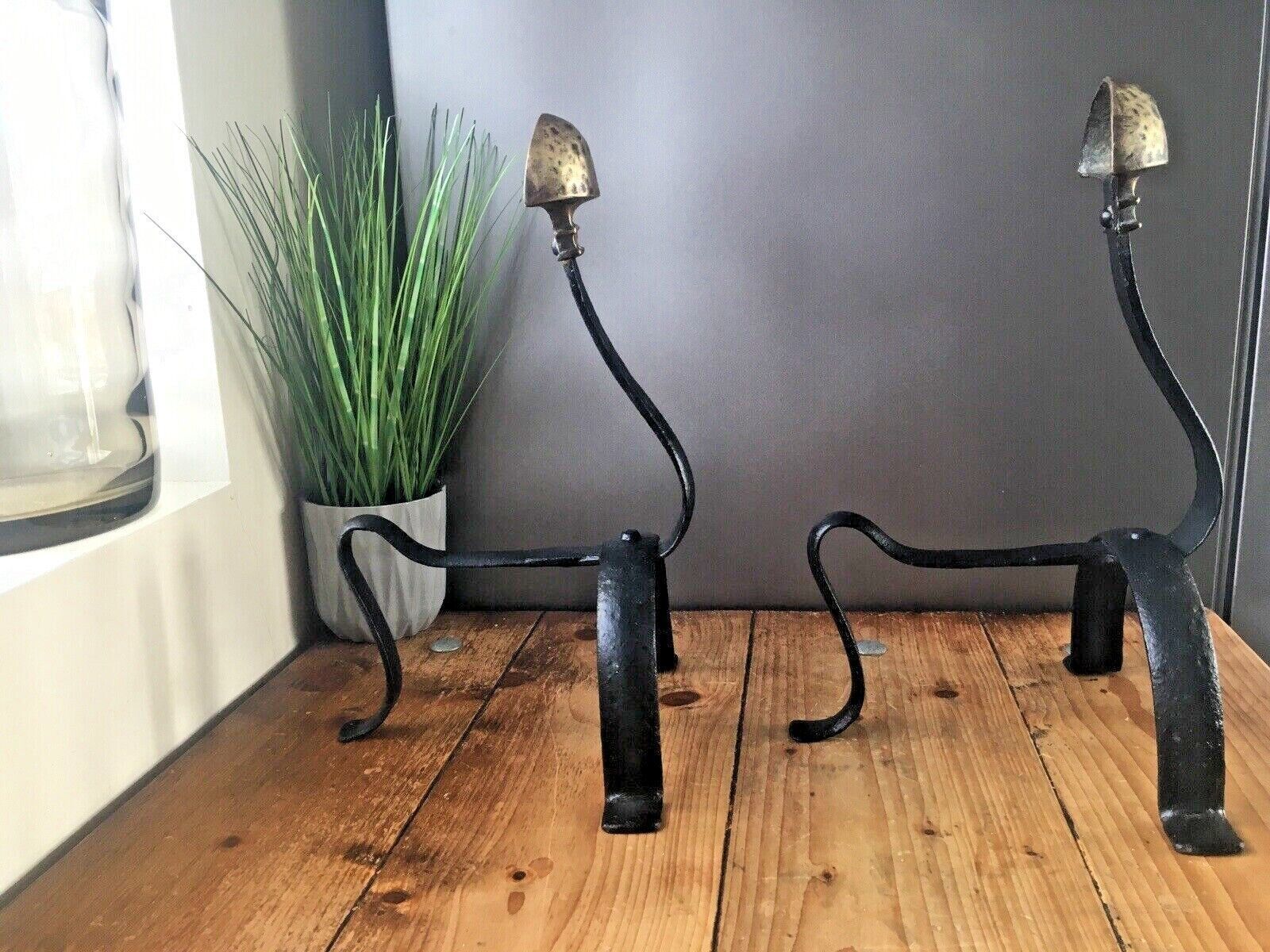 Pair Of Antique Art Nouveau Iron Brass Fireside Fire Dogs Andirons Arts & Crafts photo 240.0
