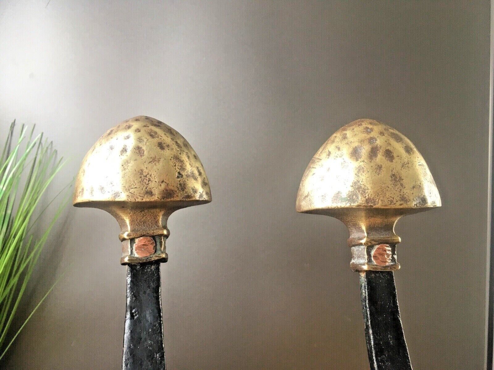 Pair Of Antique Art Nouveau Iron Brass Fireside Fire Dogs Andirons Arts & Crafts photo vinterior