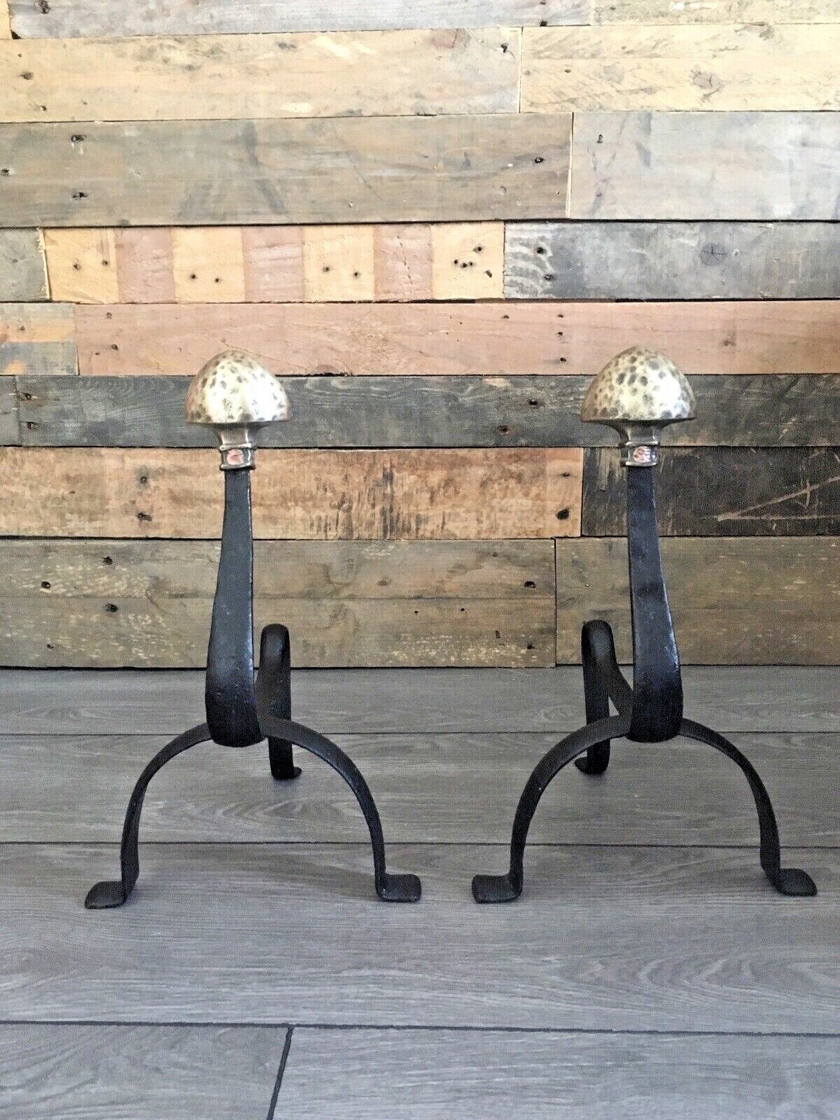 Home Fixtures Pair Of Antique Art Nouveau Iron Brass Fireside Fire Dogs Andirons Arts & Crafts photo