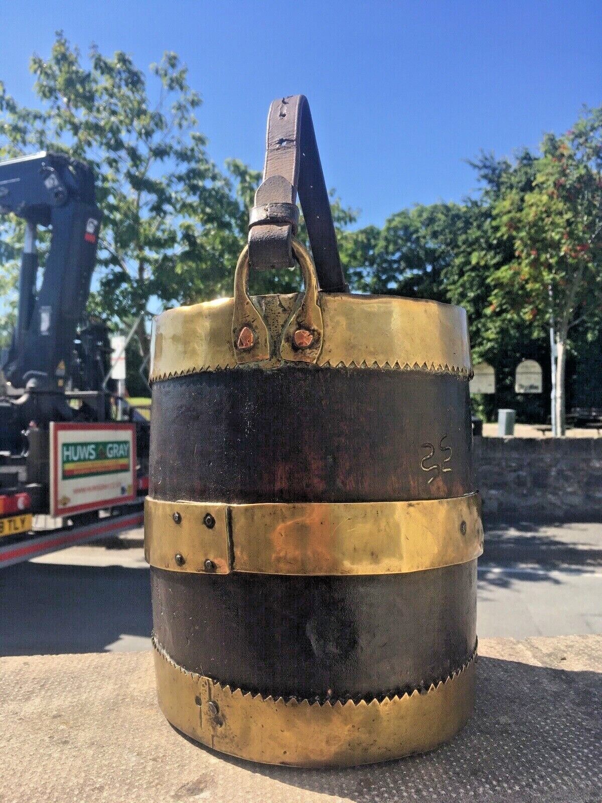 165.0 Unusual Antique Coopered Oak & Brass Grain Barrel Bucket Trench Art Military ? photo