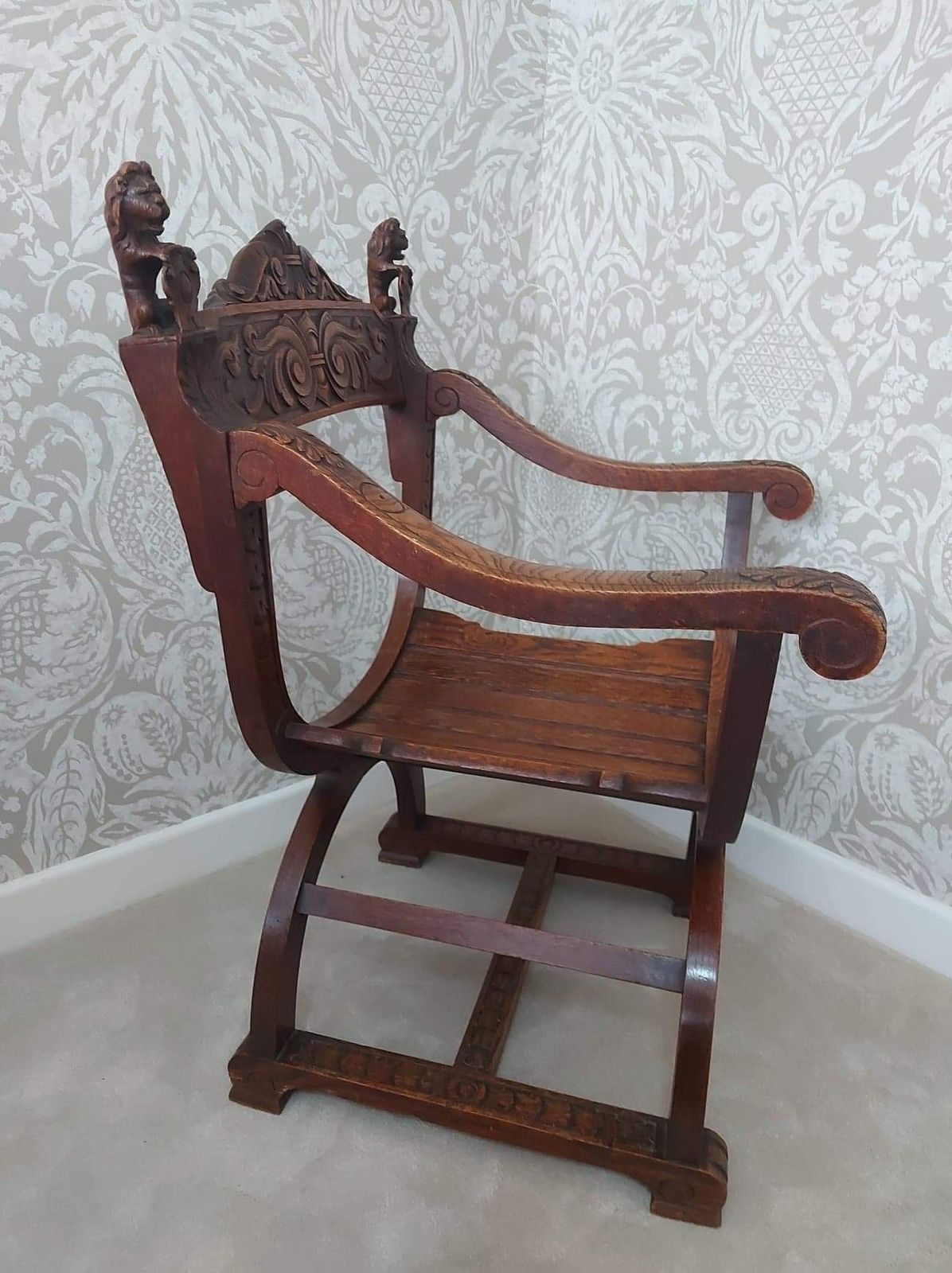 Antique 19th Century Oak Lion Shield Italian Dante Savonarola  Renaissance  Chairs photo Furniture