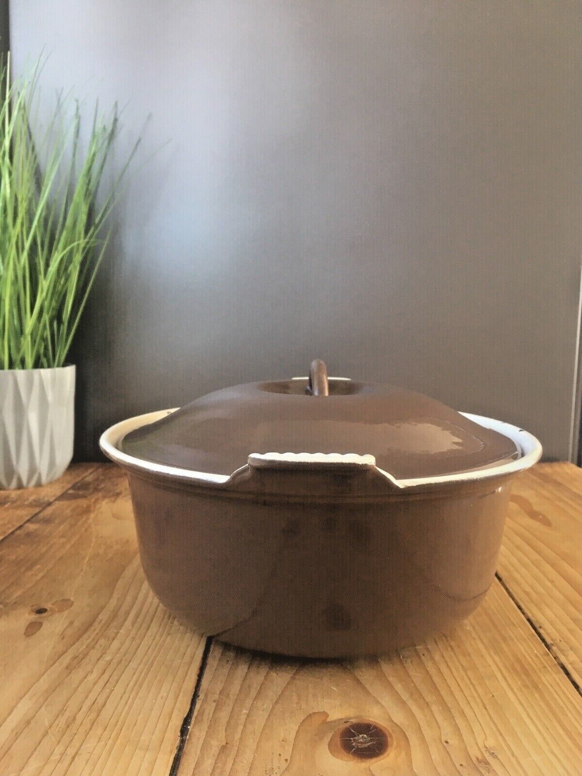 Cousances France Brown Enamel Cast Iron Lidded Casserole Dish Size 24 Le Creuset photo for sale