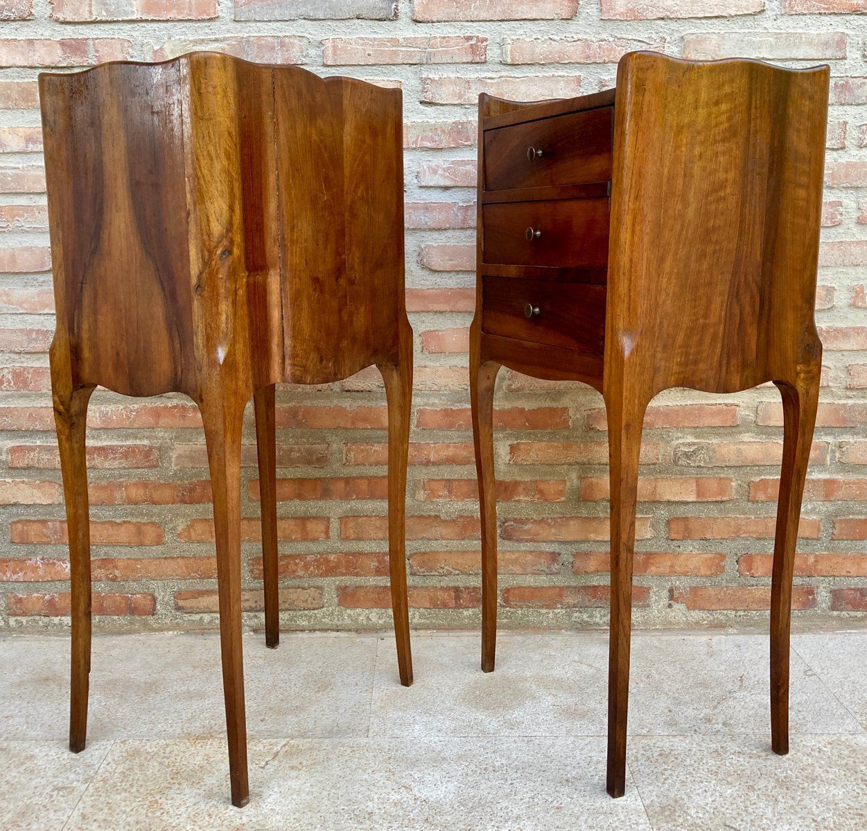photo for sale Vintage French Bedside Tables In Walnut And Iron Hardware, 1930, Set Of 2